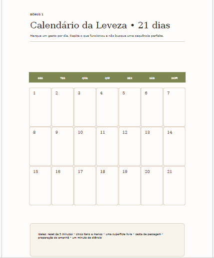 Página do Calendário da Leveza com espaço para acompanhar 21 dias