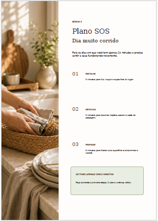 Página do Plano SOS da Casa com um roteiro de cinco minutos